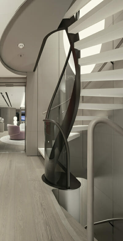 the Amels Entourage has a customized superyacht staircase