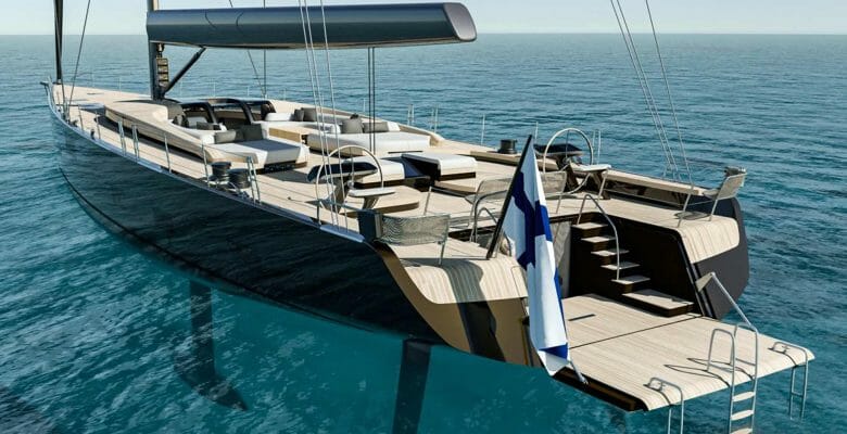 the Baltic 110 Custom sloop superyacht has a beach club